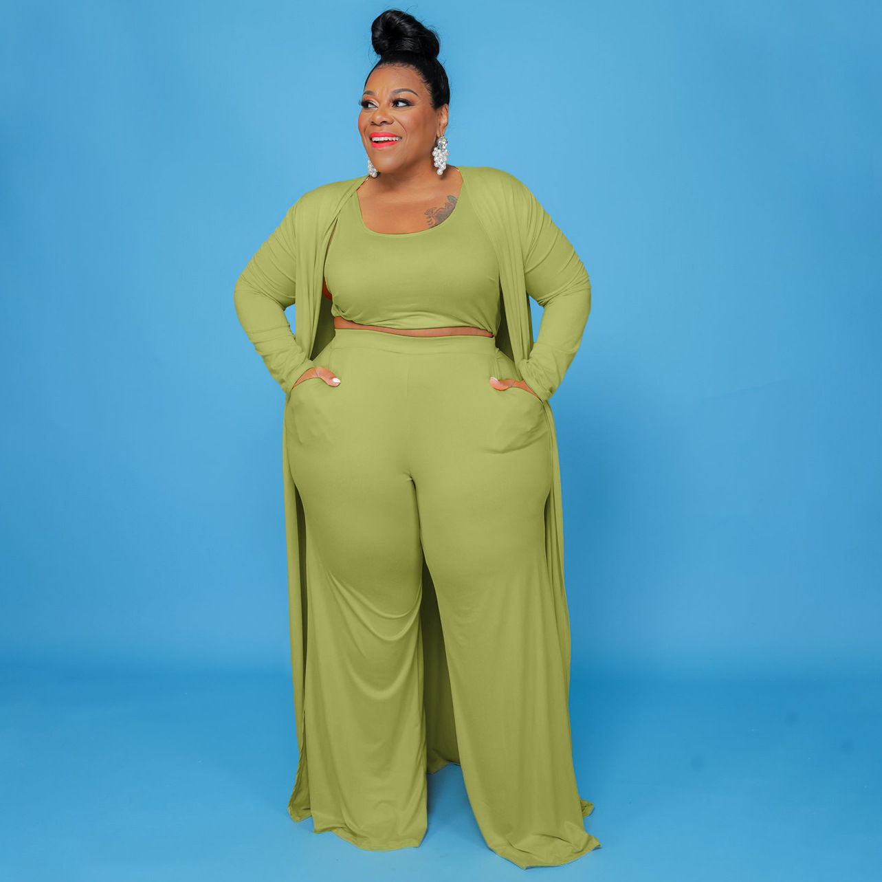 CM.YAYA Plus Size Women Straight Pants Suit + Long Open Stitch Clock + Tank Matching 3-piece Set Outftis Street Curve Tracksuit CM.YAYA Plus Size Women Straight Pants Suit + Long Open Stitch Clock + Tank Matching 3-piece Set Outftis Street Curve Tracksuit