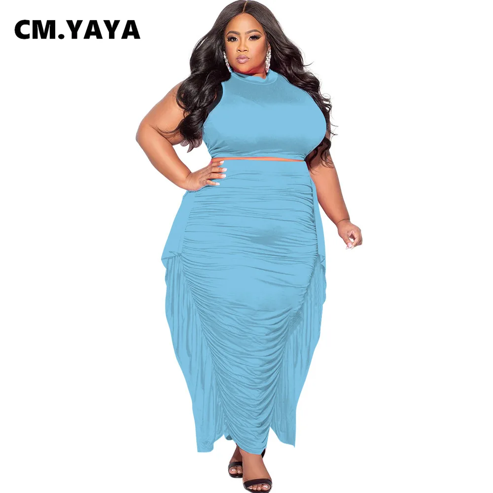 CM.YAYA Plus Size Elegant Women Two 2 Piece Set Outfits 2024 Summer T-shirt + Long Skirts Suits Casual Ruffles Fitness Tracksuit