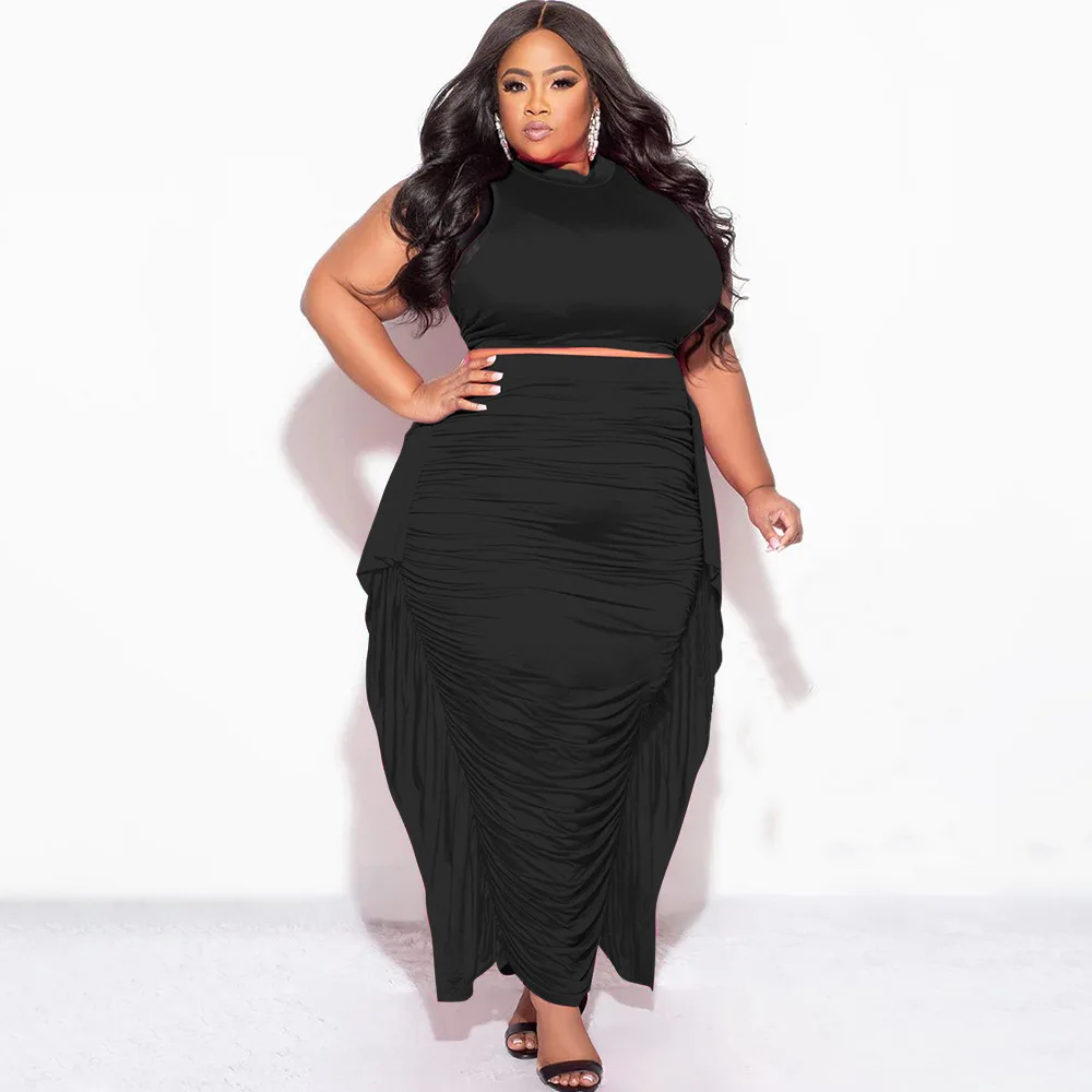CM.YAYA Plus Size Elegant Women Two 2 Piece Set Outfits 2024 Summer T-shirt + Long Skirts Suits Casual Ruffles Fitness Tracksuit CM.YAYA Plus Size Elegant Women Two 2 Piece Set Outfits 2024 Summer T-shirt + Long Skirts Suits Casual Ruffles Fitness Tracksuit