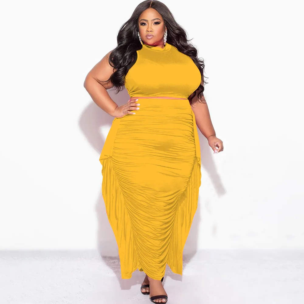 CM.YAYA Plus Size Elegant Women Two 2 Piece Set Outfits 2024 Summer T-shirt + Long Skirts Suits Casual Ruffles Fitness Tracksuit CM.YAYA Plus Size Elegant Women Two 2 Piece Set Outfits 2024 Summer T-shirt + Long Skirts Suits Casual Ruffles Fitness Tracksuit