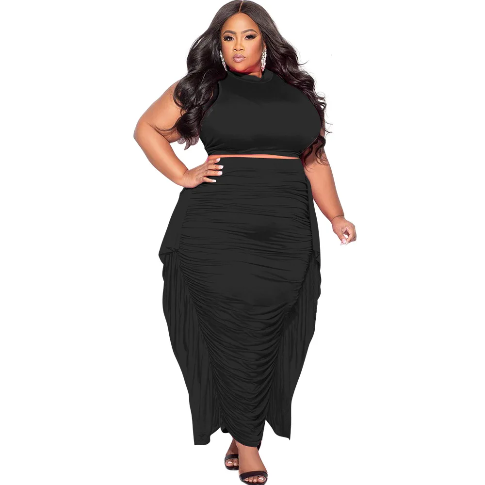 CM.YAYA Plus Size Elegant Women Two 2 Piece Set Outfits 2024 Summer T-shirt + Long Skirts Suits Casual Ruffles Fitness Tracksuit CM.YAYA Plus Size Elegant Women Two 2 Piece Set Outfits 2024 Summer T-shirt + Long Skirts Suits Casual Ruffles Fitness Tracksuit