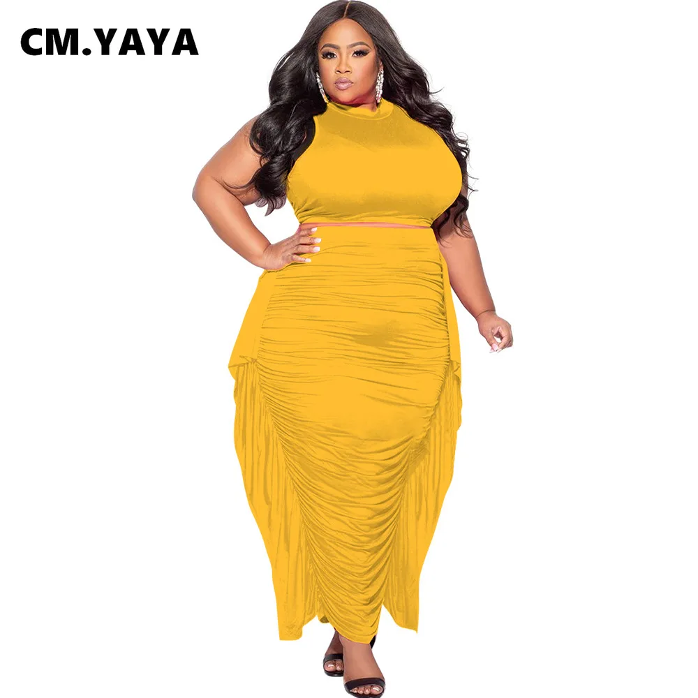 CM.YAYA Plus Size Elegant Women Two 2 Piece Set Outfits 2024 Summer T-shirt + Long Skirts Suits Casual Ruffles Fitness Tracksuit