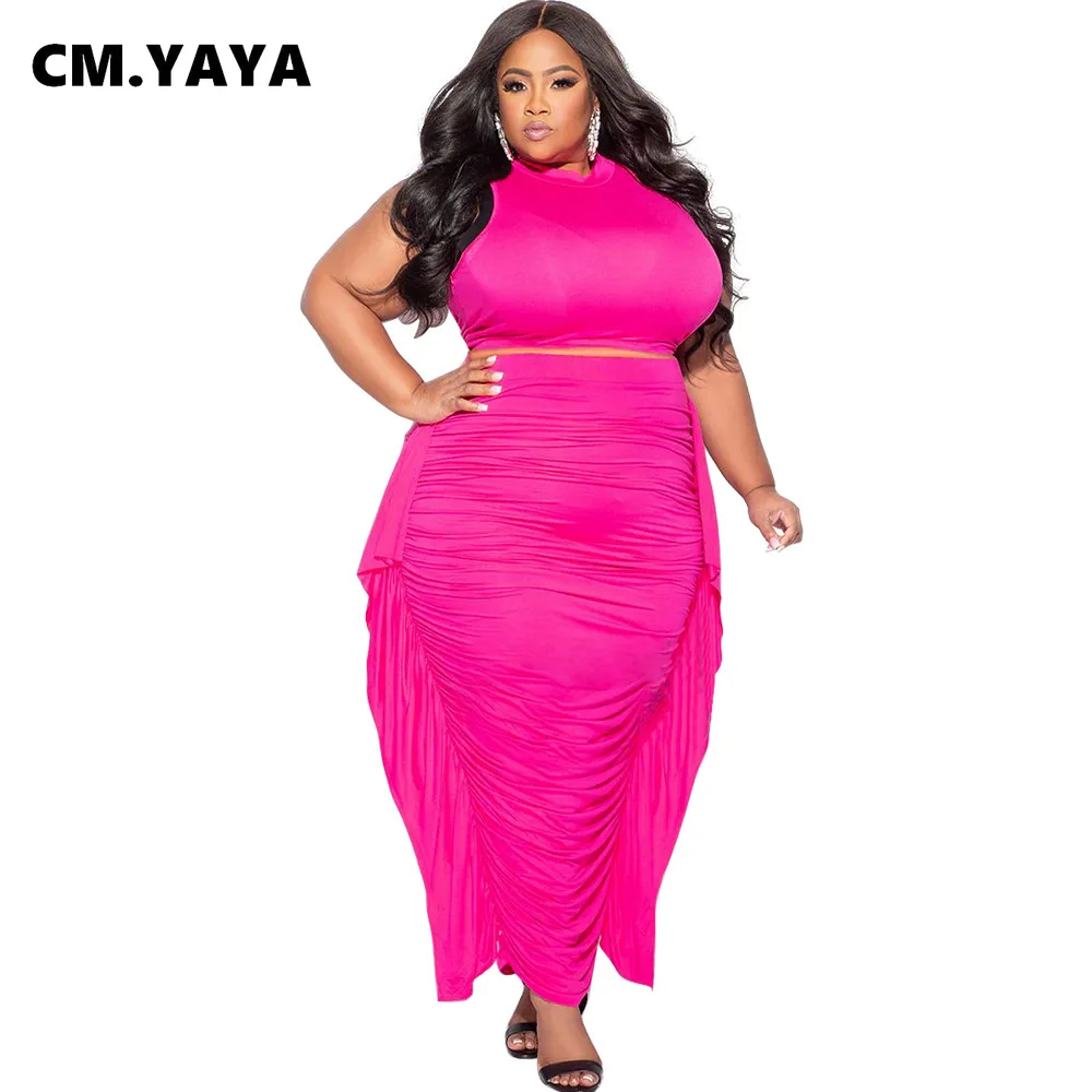 CM.YAYA Plus Size Elegant Women Two 2 Piece Set Outfits 2024 Summer T-shirt + Long Skirts Suits Casual Ruffles Fitness Tracksuit