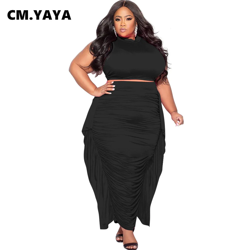 CM.YAYA Plus Size Elegant Women Two 2 Piece Set Outfits 2024 Summer T-shirt + Long Skirts Suits Casual Ruffles Fitness Tracksuit