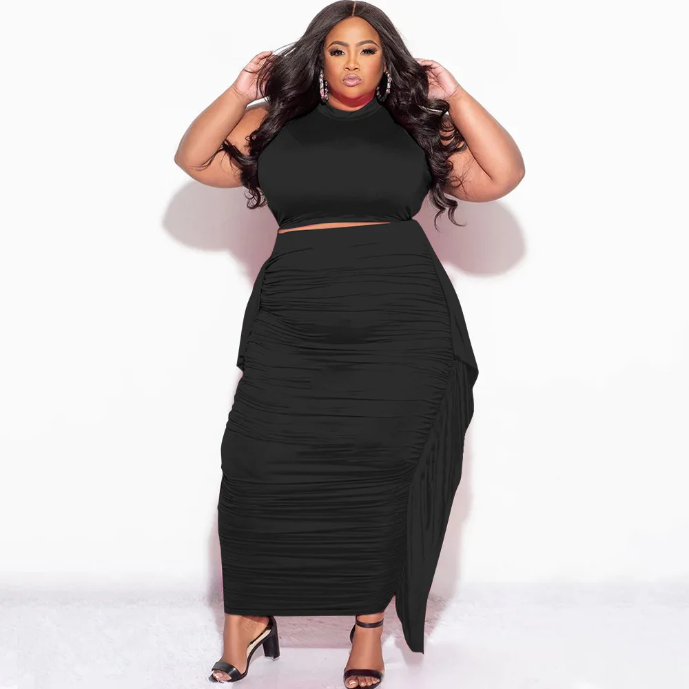 CM.YAYA Plus Size Elegant Women Two 2 Piece Set Outfits 2024 Summer T-shirt + Long Skirts Suits Casual Ruffles Fitness Tracksuit CM.YAYA Plus Size Elegant Women Two 2 Piece Set Outfits 2024 Summer T-shirt + Long Skirts Suits Casual Ruffles Fitness Tracksuit
