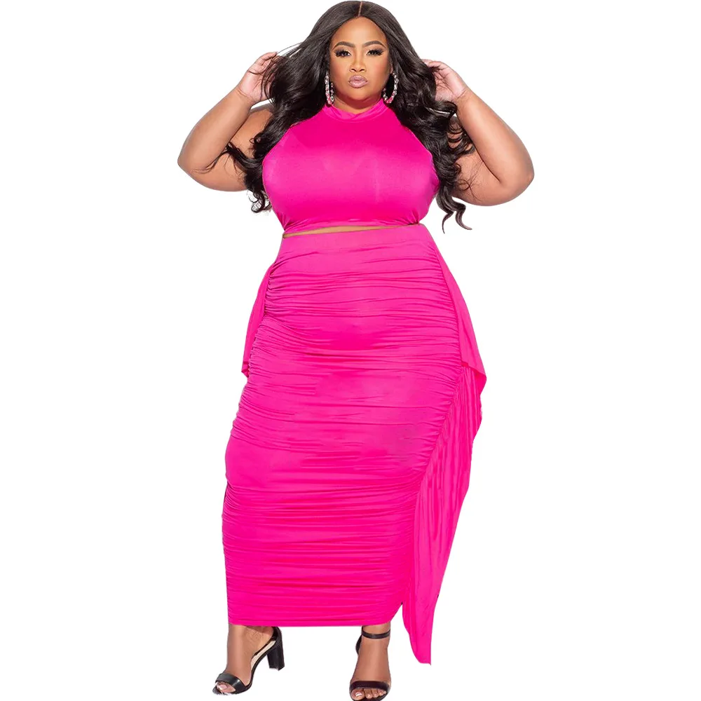 CM.YAYA Plus Size Elegant Women Two 2 Piece Set Outfits 2024 Summer T-shirt + Long Skirts Suits Casual Ruffles Fitness Tracksuit CM.YAYA Plus Size Elegant Women Two 2 Piece Set Outfits 2024 Summer T-shirt + Long Skirts Suits Casual Ruffles Fitness Tracksuit