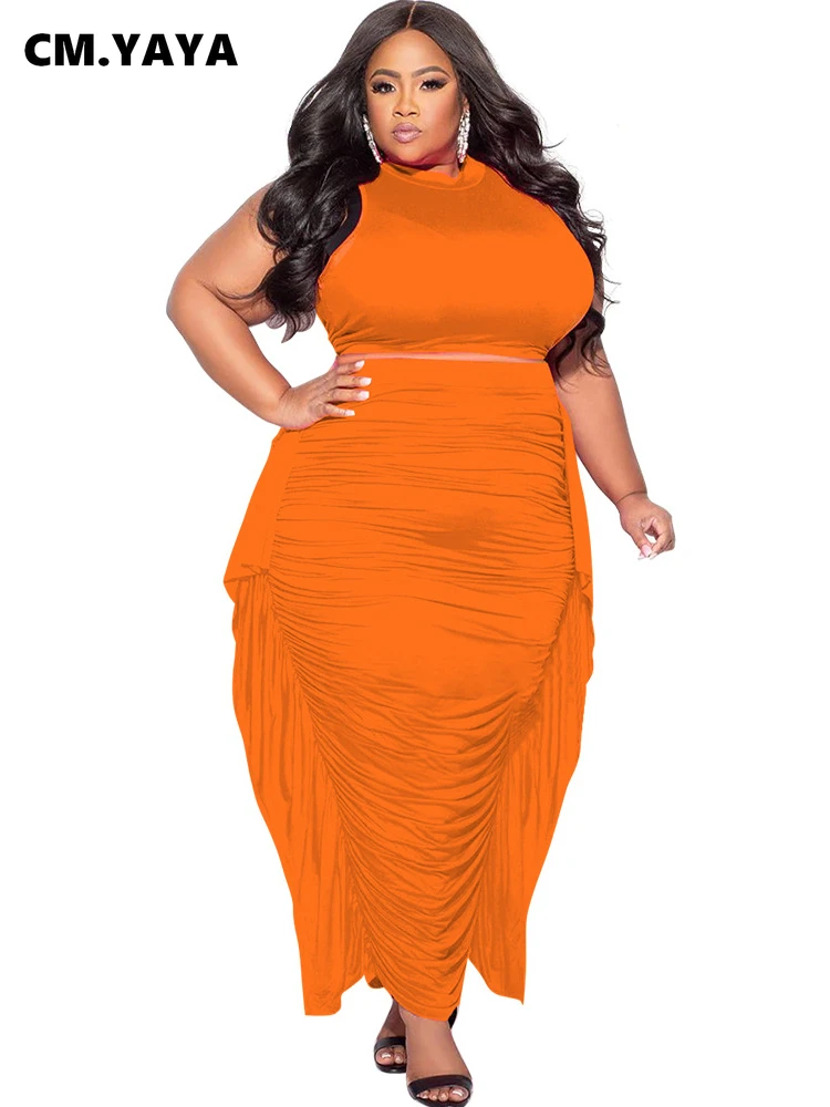 CM.YAYA Plus Size Elegant Women Two 2 Piece Set Outfits 2024 Summer T-shirt + Long Skirts Suits Casual Ruffles Fitness Tracksuit