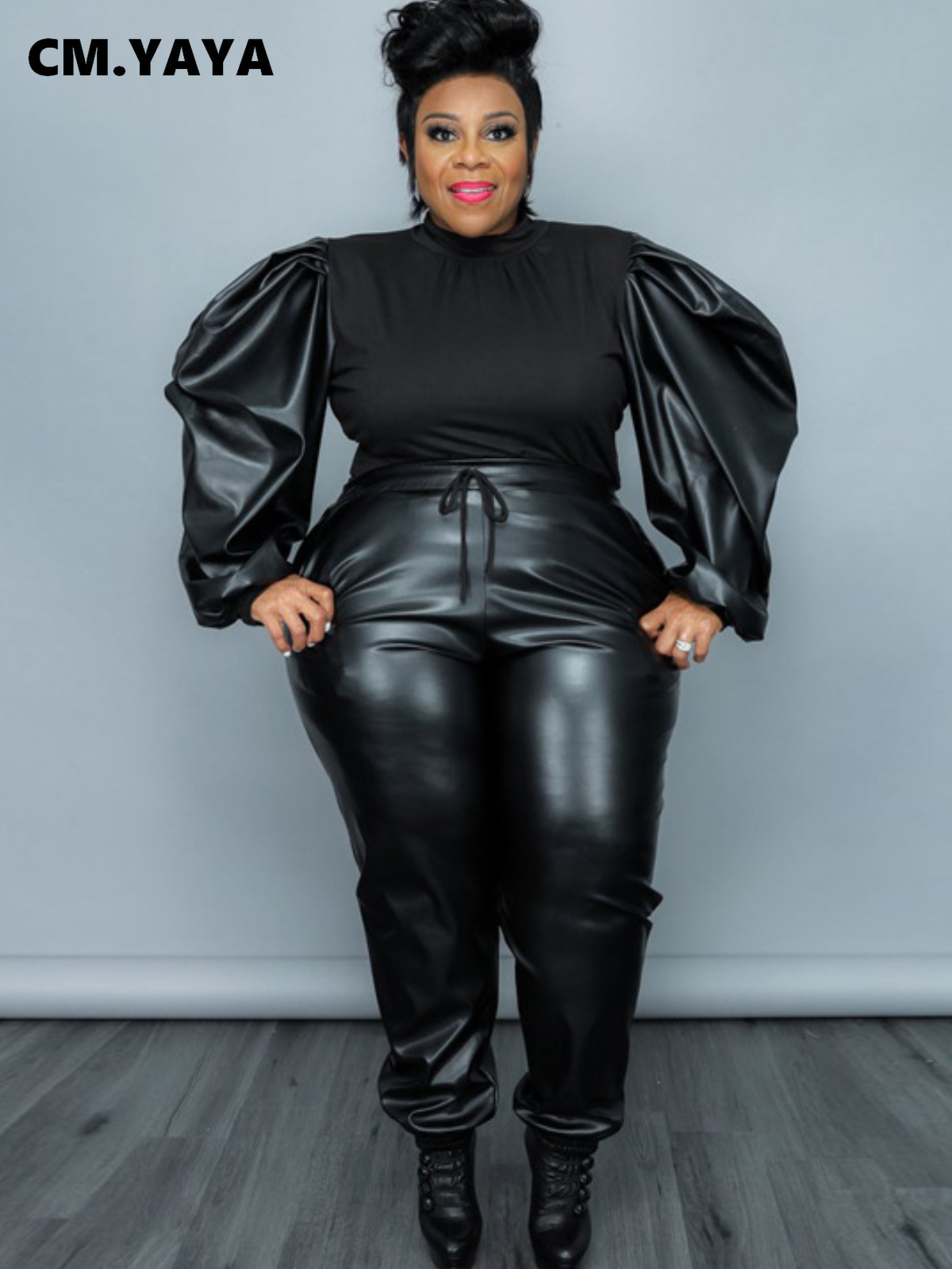 CM.YAYA Plus Size Elegant Women Set PU Puff Long Sleeve Patchwork Sweatshirt and Pants Suit Tracksuit Two Piece Set Outfits