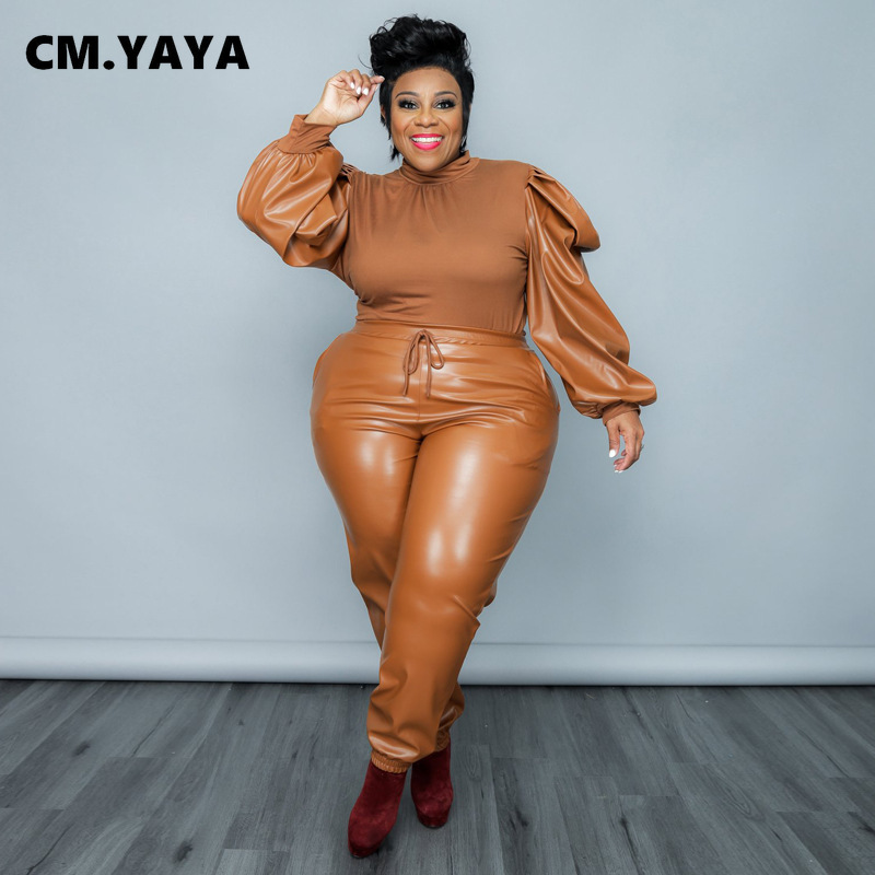 CM.YAYA Plus Size Elegant Women Set PU Puff Long Sleeve Patchwork Sweatshirt and Pants Suit Tracksuit Two Piece Set Outfits
