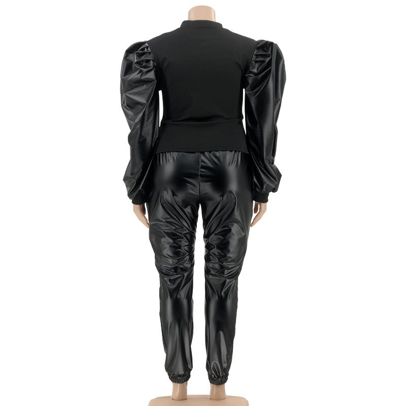 CM.YAYA Plus Size Elegant Women Set PU Puff Long Sleeve Patchwork Sweatshirt and Pants Suit Tracksuit Two Piece Set Outfits
