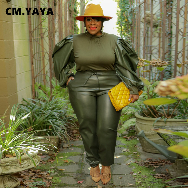 CM.YAYA Plus Size Elegant Women Set PU Puff Long Sleeve Patchwork Sweatshirt and Pants Suit Tracksuit Two Piece Set Outfits