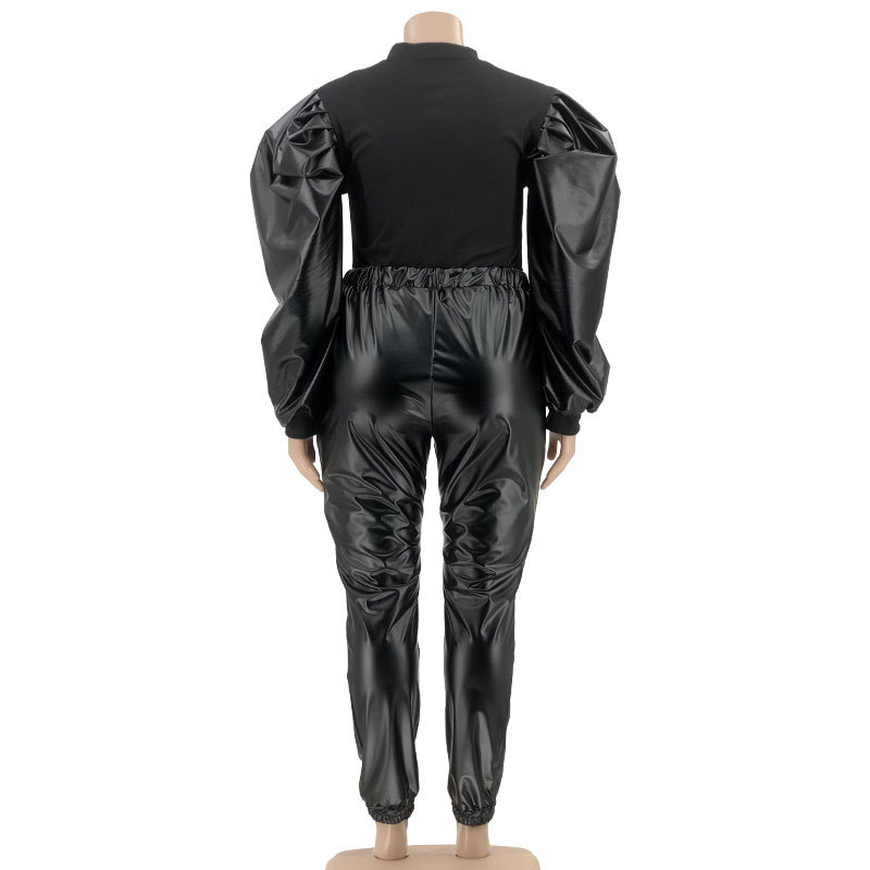 CM.YAYA Plus Size Elegant Women Set PU Puff Long Sleeve Patchwork Sweatshirt and Pants Suit Tracksuit Two Piece Set Outfits