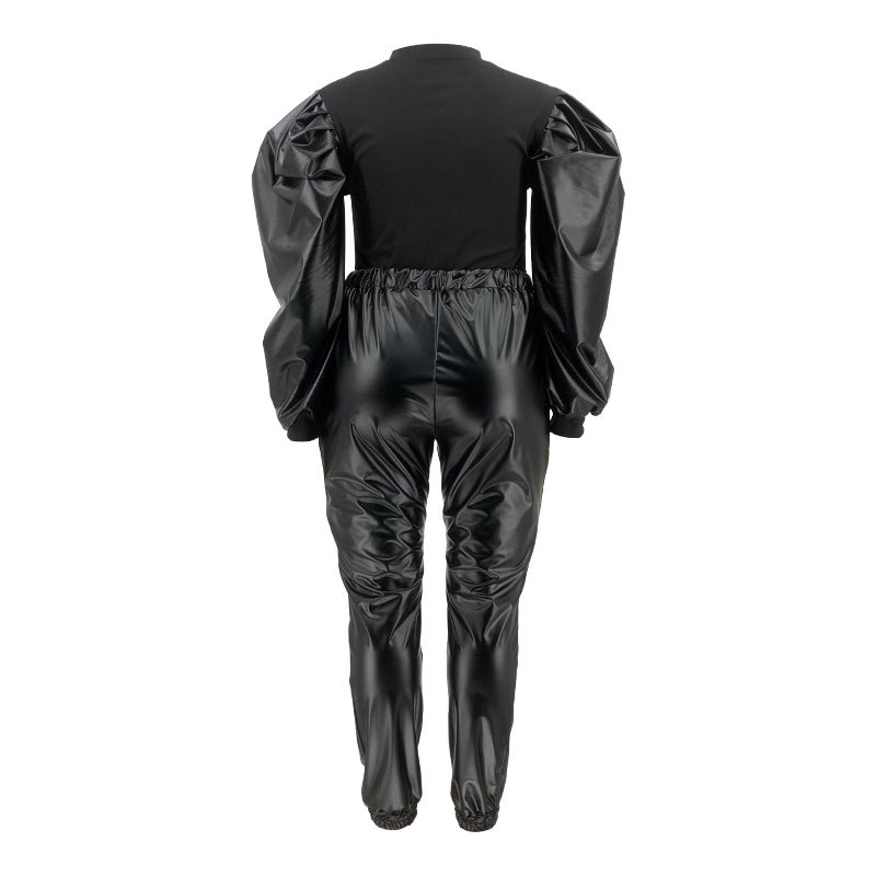 CM.YAYA Plus Size Elegant Women Set PU Puff Long Sleeve Patchwork Sweatshirt and Pants Suit Tracksuit Two Piece Set Outfits