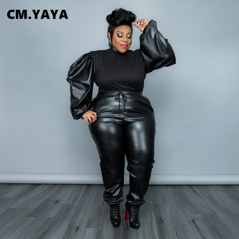 CM.YAYA Plus Size Elegant Women Set PU Puff Long Sleeve Patchwork Sweatshirt and Pants Suit Tracksuit Two Piece Set Outfits
