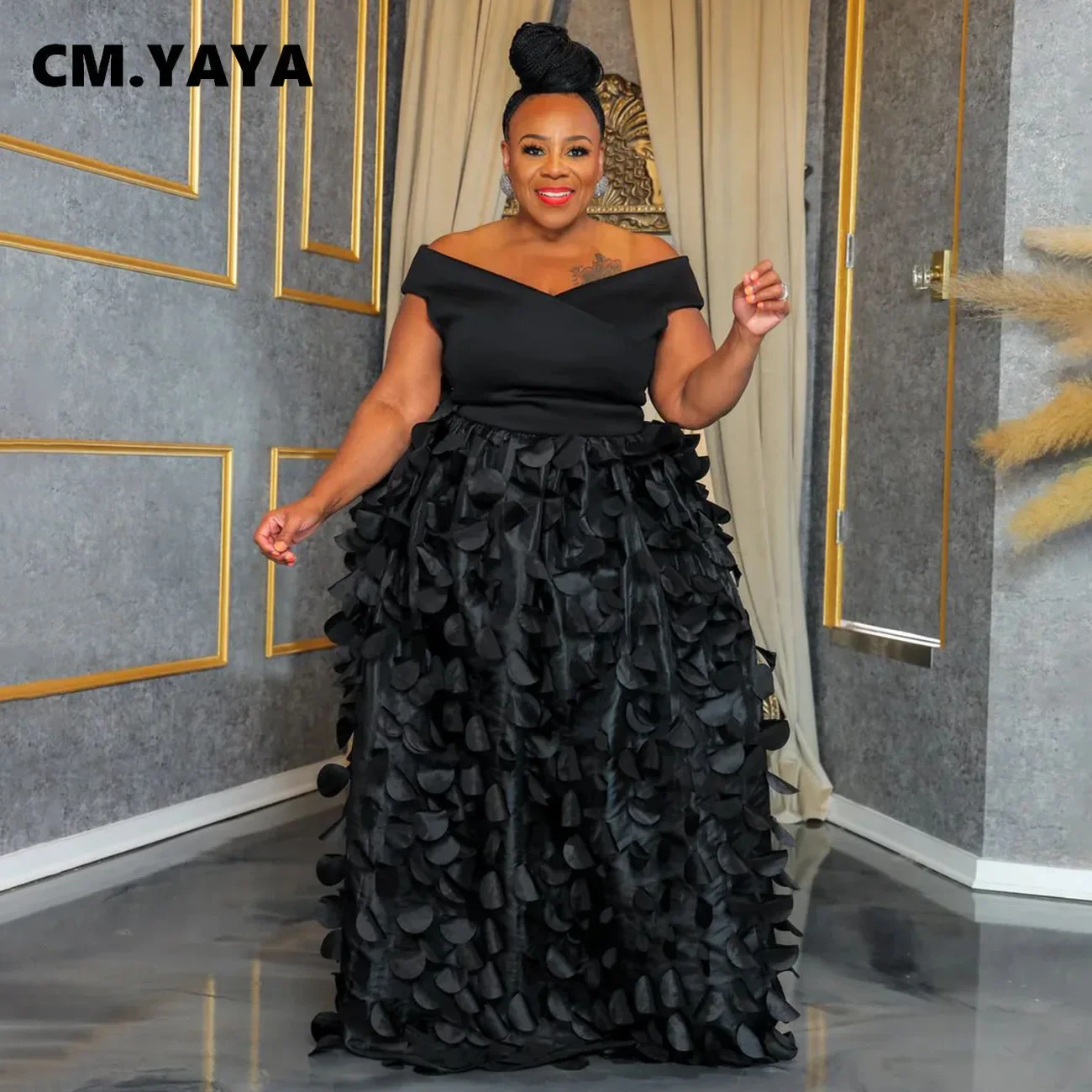 CM.YAYA Plus Size Women Short Sleeve Slash Neck Big Swing Loose Smock Maxi Dress 2024 Fall Party Evening Long Dresses