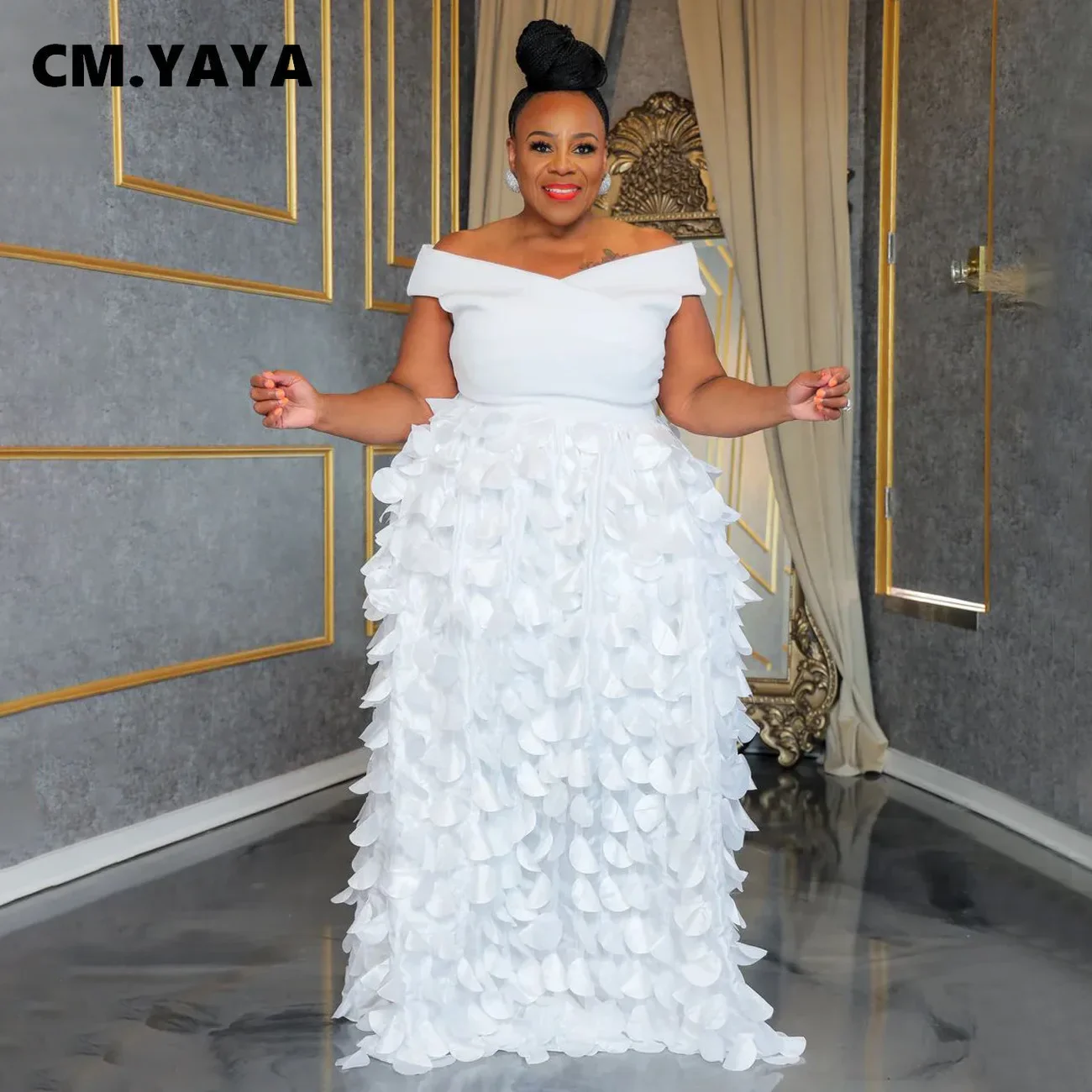 CM.YAYA Plus Size Women Short Sleeve Slash Neck Big Swing Loose Smock Maxi Dress 2024 Fall Party Evening Long Dresses