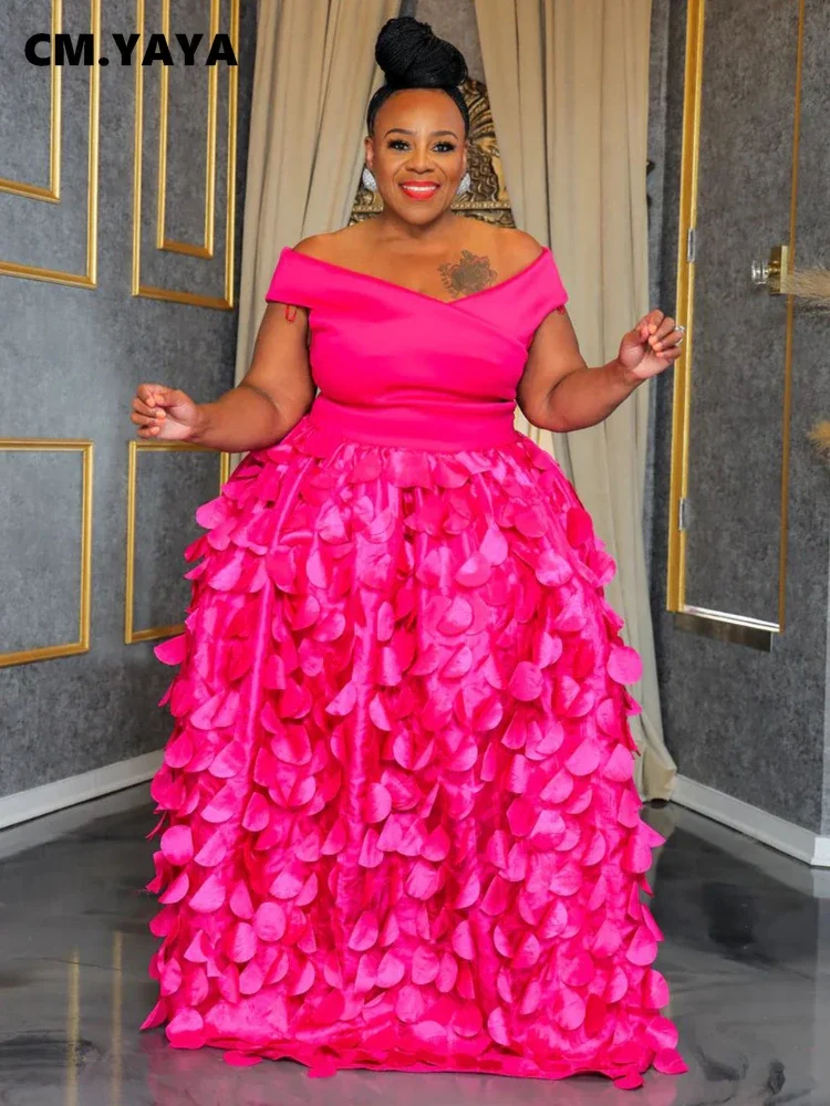 CM.YAYA Plus Size Women Short Sleeve Slash Neck Big Swing Loose Smock Maxi Dress 2024 Fall Party Evening Long Dresses