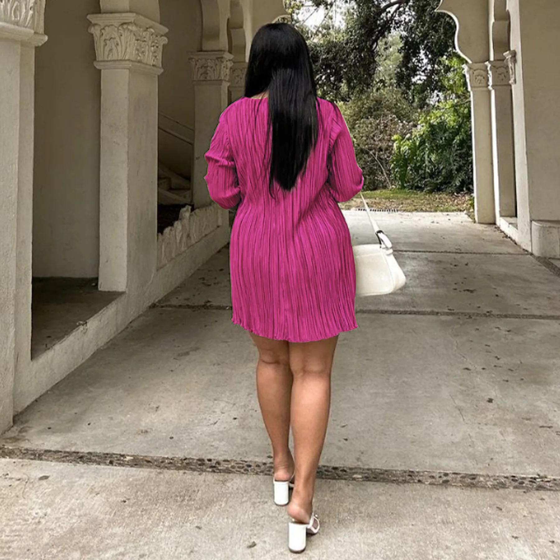 CM.YAYA Long Sleeve Women V-neck Pleated Dress Casual Streetwear Plus Size Mini Dresses 2024 Autumn Slim Party Casual