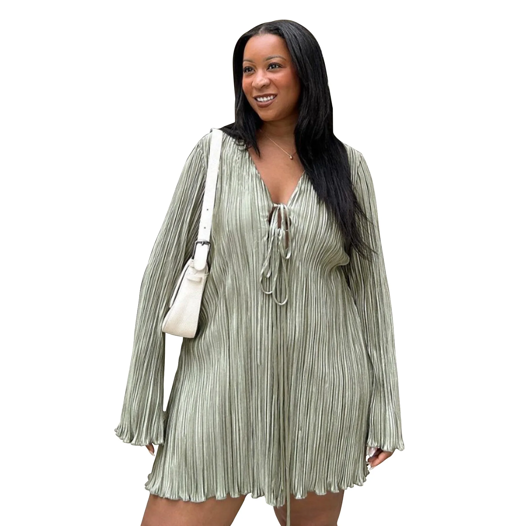 CM.YAYA Long Sleeve Women V-neck Pleated Dress Casual Streetwear Plus Size Mini Dresses 2024 Autumn Slim Party Casual