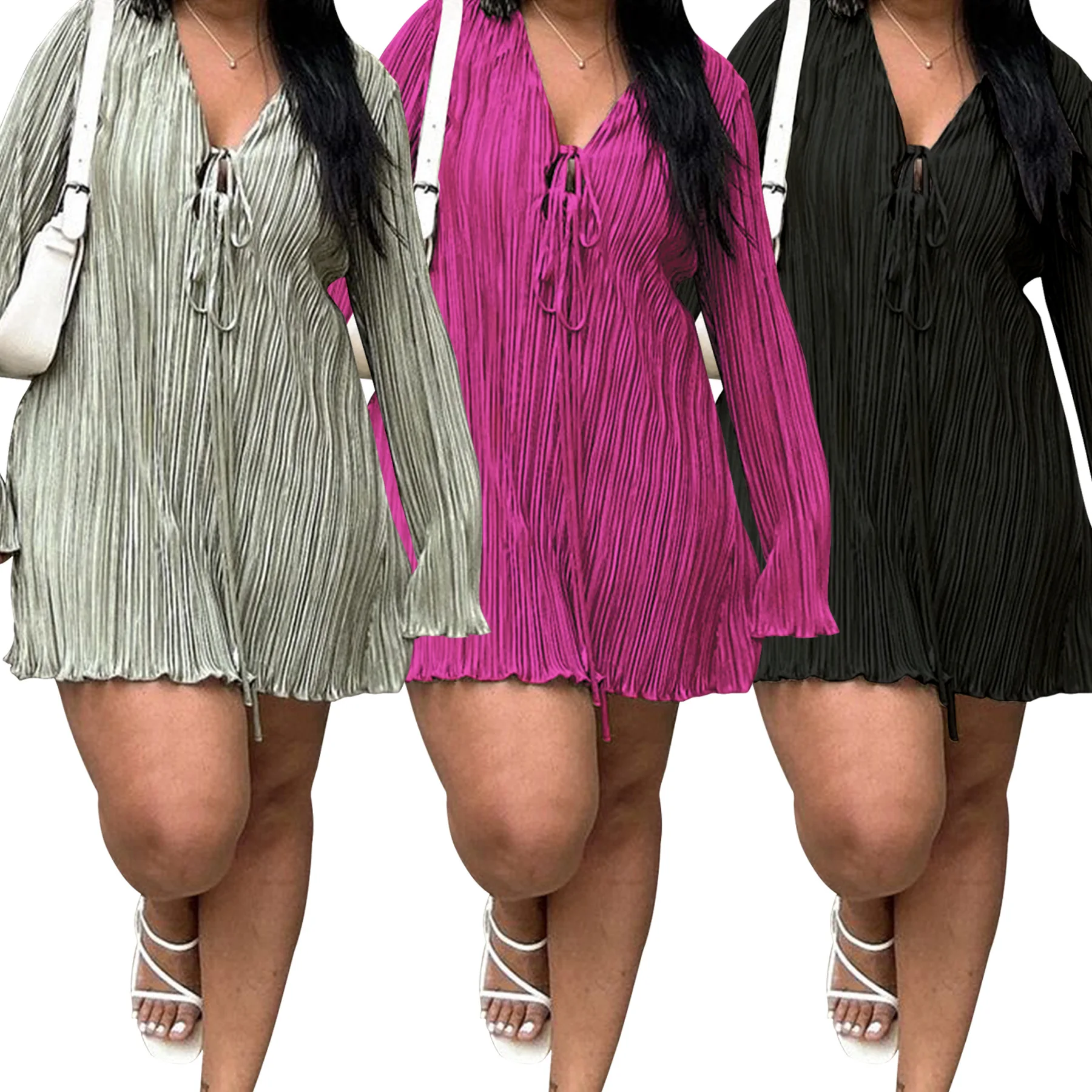 CM.YAYA Long Sleeve Women V-neck Pleated Dress Casual Streetwear Plus Size Mini Dresses 2024 Autumn Slim Party Casual