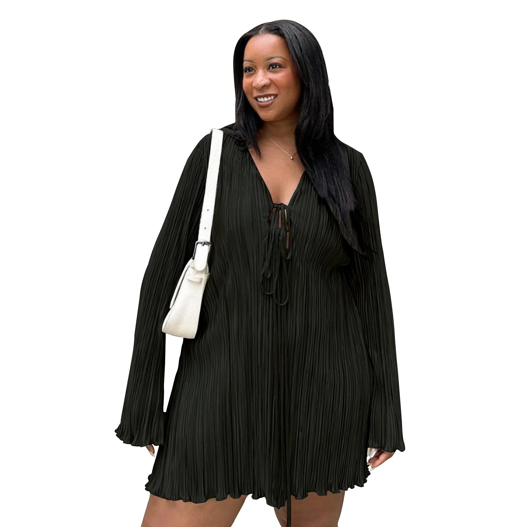 CM.YAYA Long Sleeve Women V-neck Pleated Dress Casual Streetwear Plus Size Mini Dresses 2024 Autumn Slim Party Casual