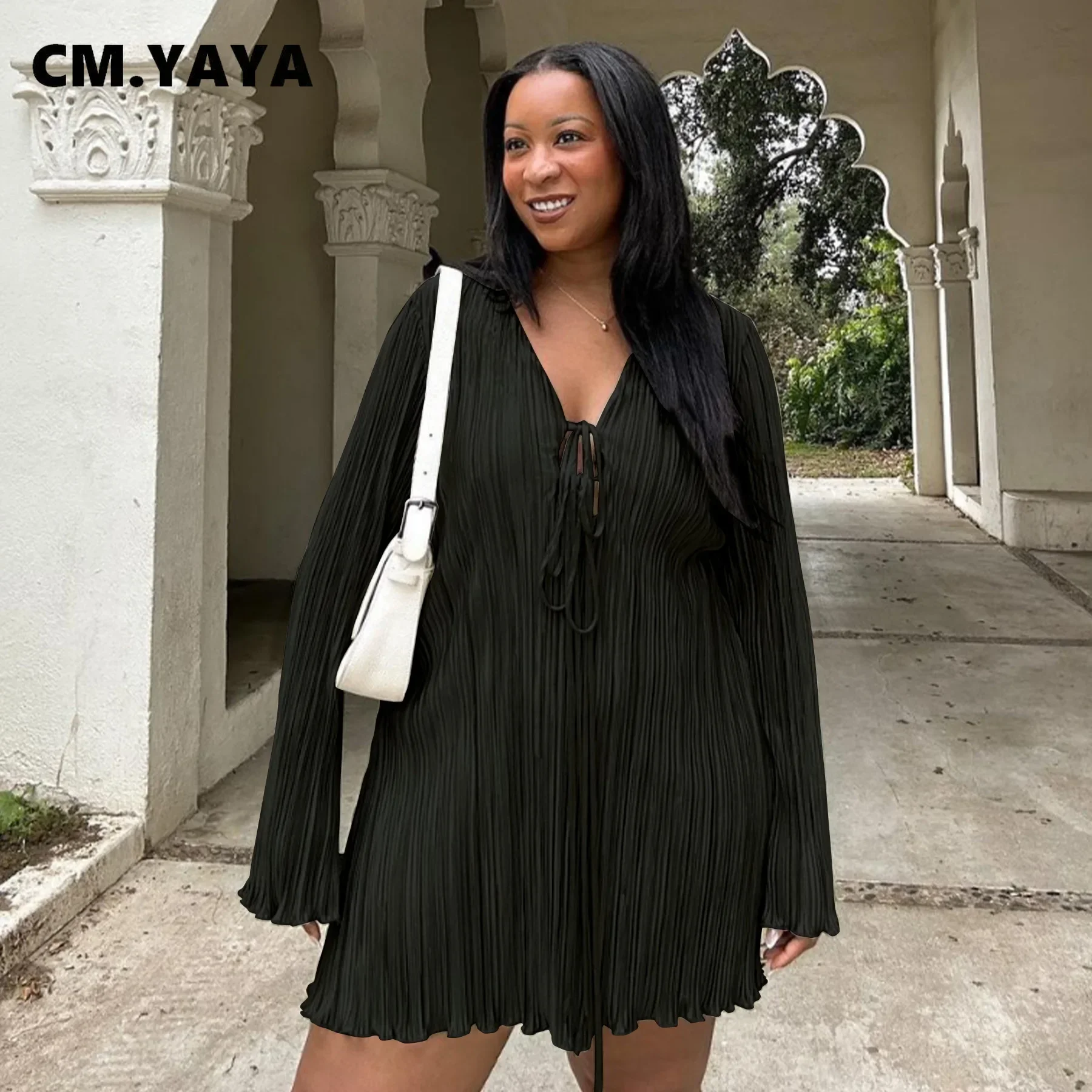 CM.YAYA Long Sleeve Women V-neck Pleated Dress Casual Streetwear Plus Size Mini Dresses 2024 Autumn Slim Party Casual