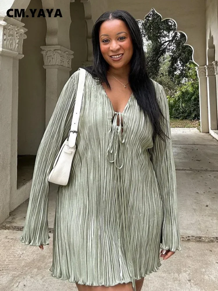CM.YAYA Long Sleeve Women V-neck Pleated Dress Casual Streetwear Plus Size Mini Dresses 2024 Autumn Slim Party Casual