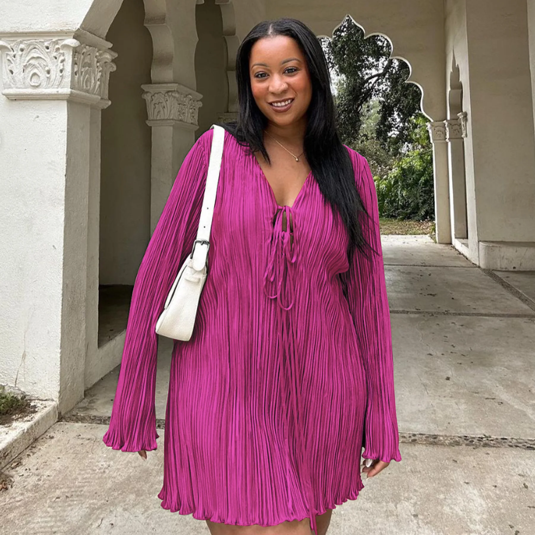 CM.YAYA Long Sleeve Women V-neck Pleated Dress Casual Streetwear Plus Size Mini Dresses 2024 Autumn Slim Party Casual