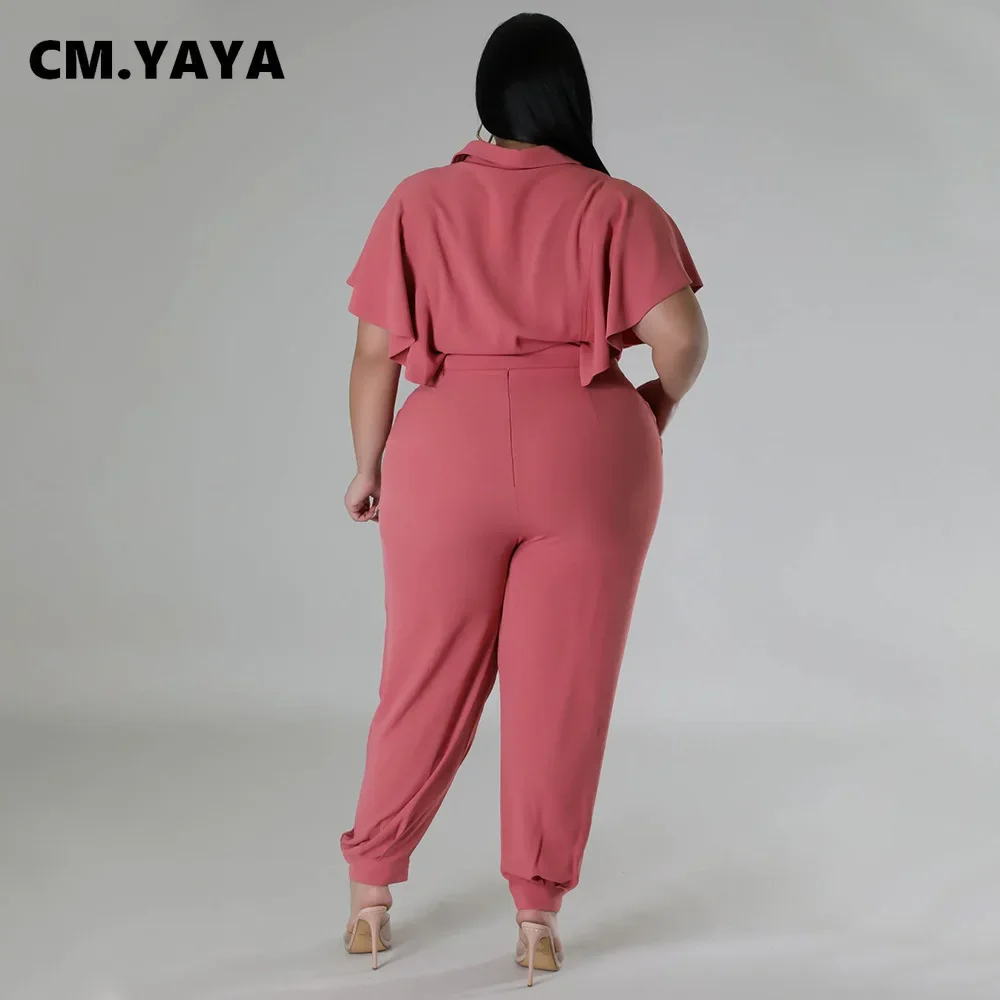 CM.YAYA Elegant Plus Size Loose Women's Set Tie Crop Ruffles Top +pencil Pants Suits Streetwear Tracksuit Two 2 Piece Set