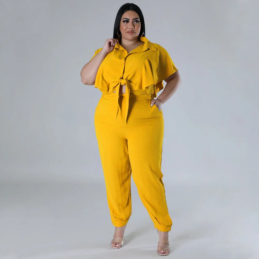 CM.YAYA Elegant Plus Size Loose Women's Set Tie Crop Ruffles Top +pencil Pants Suits Streetwear Tracksuit Two 2 Piece Set CM.YAYA Elegant Plus Size Loose Women's Set Tie Crop Ruffles Top +pencil Pants Suits Streetwear Tracksuit Two 2 Piece Set