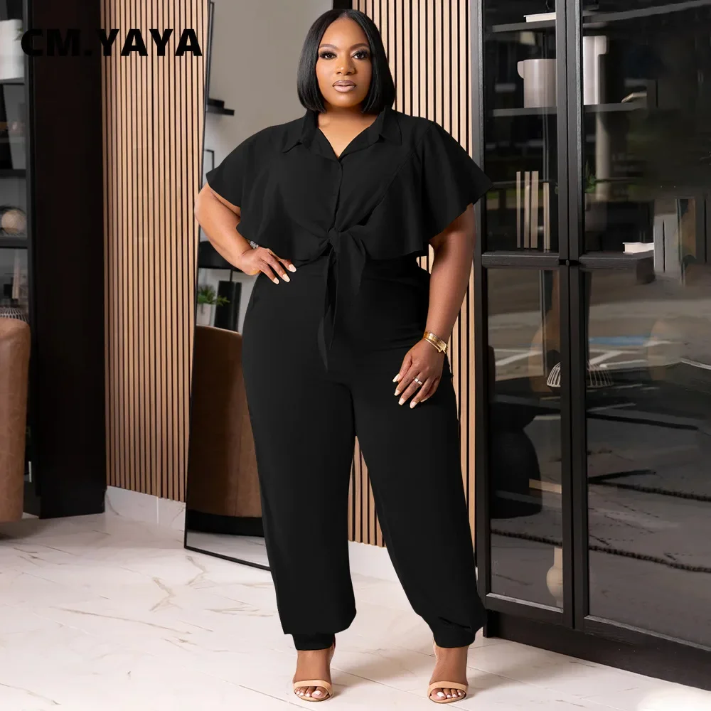 CM.YAYA Elegant Plus Size Loose Women's Set Tie Crop Ruffles Top +pencil Pants Suits Streetwear Tracksuit Two 2 Piece Set