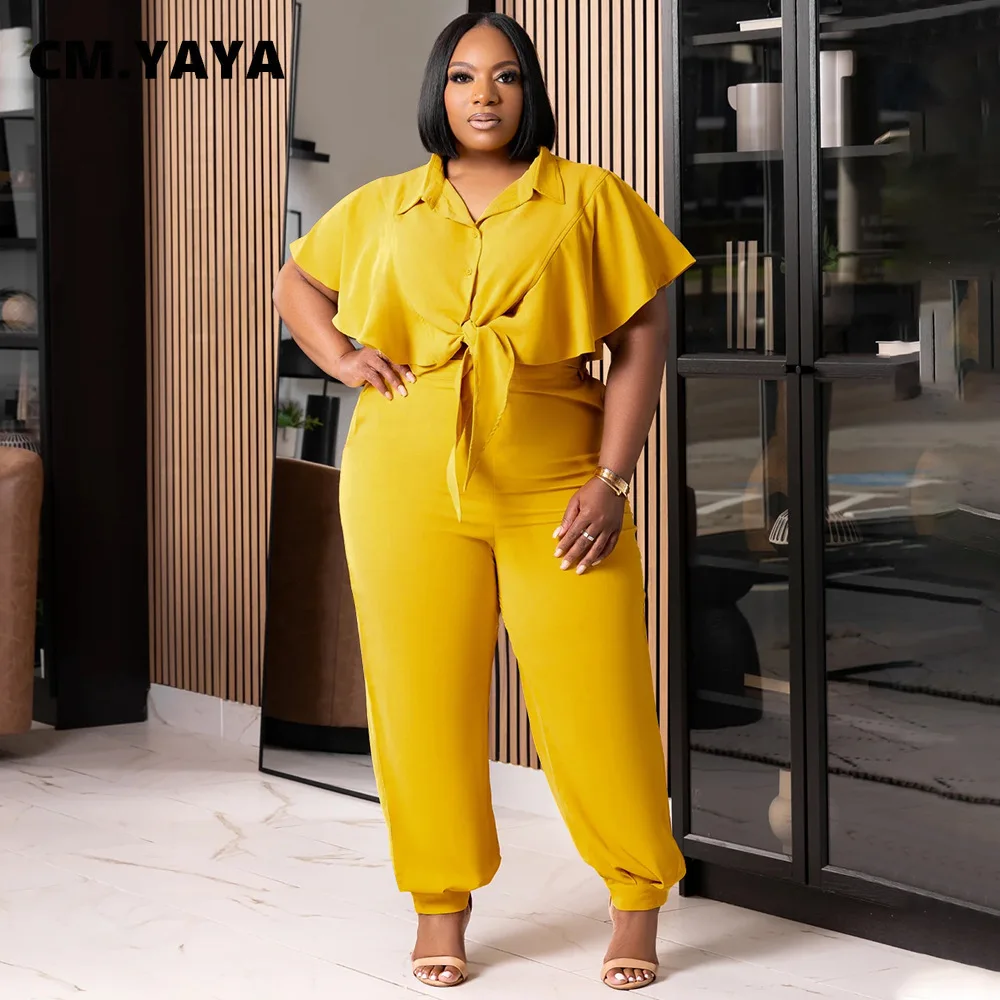 CM.YAYA Elegant Plus Size Loose Women's Set Tie Crop Ruffles Top +pencil Pants Suits Streetwear Tracksuit Two 2 Piece Set