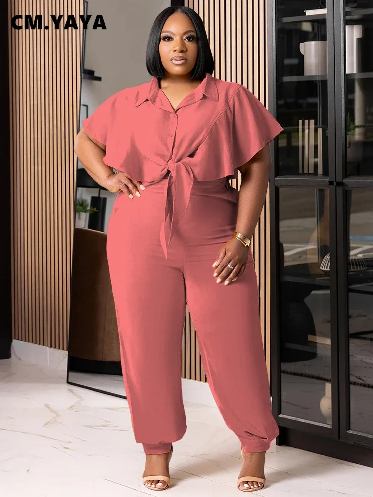 CM.YAYA Elegant Plus Size Loose Women's Set Tie Crop Ruffles Top +pencil Pants Suits Streetwear Tracksuit Two 2 Piece Set