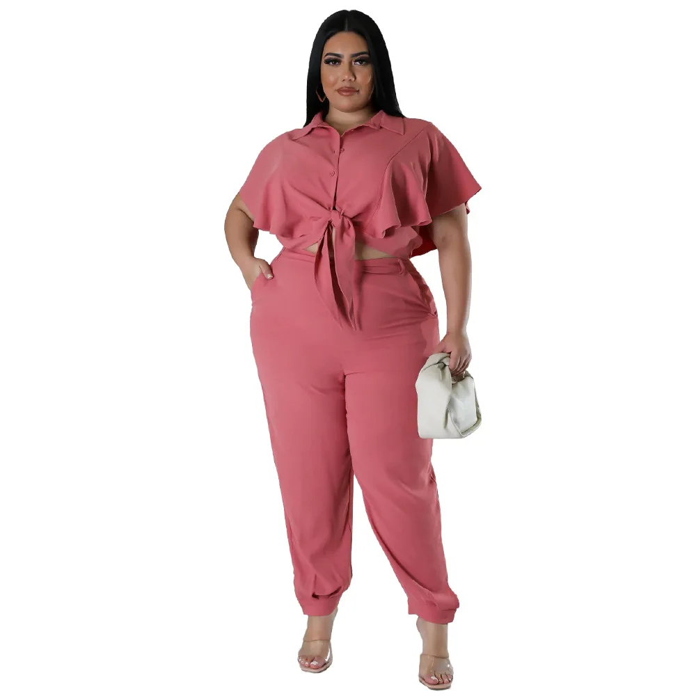 CM.YAYA Elegant Plus Size Loose Women's Set Tie Crop Ruffles Top +pencil Pants Suits Streetwear Tracksuit Two 2 Piece Set CM.YAYA Elegant Plus Size Loose Women's Set Tie Crop Ruffles Top +pencil Pants Suits Streetwear Tracksuit Two 2 Piece Set
