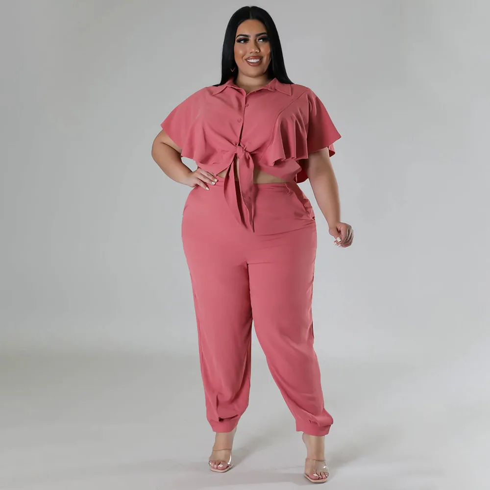 CM.YAYA Elegant Plus Size Loose Women's Set Tie Crop Ruffles Top +pencil Pants Suits Streetwear Tracksuit Two 2 Piece Set CM.YAYA Elegant Plus Size Loose Women's Set Tie Crop Ruffles Top +pencil Pants Suits Streetwear Tracksuit Two 2 Piece Set