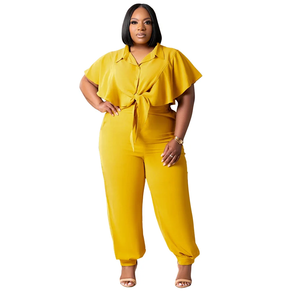 CM.YAYA Elegant Plus Size Loose Women's Set Tie Crop Ruffles Top +pencil Pants Suits Streetwear Tracksuit Two 2 Piece Set CM.YAYA Elegant Plus Size Loose Women's Set Tie Crop Ruffles Top +pencil Pants Suits Streetwear Tracksuit Two 2 Piece Set