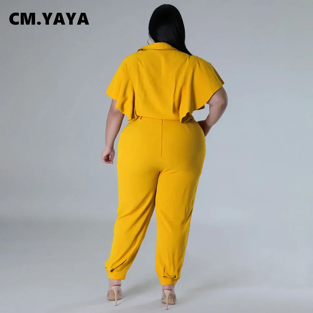 CM.YAYA Elegant Plus Size Loose Women's Set Tie Crop Ruffles Top +pencil Pants Suits Streetwear Tracksuit Two 2 Piece Set