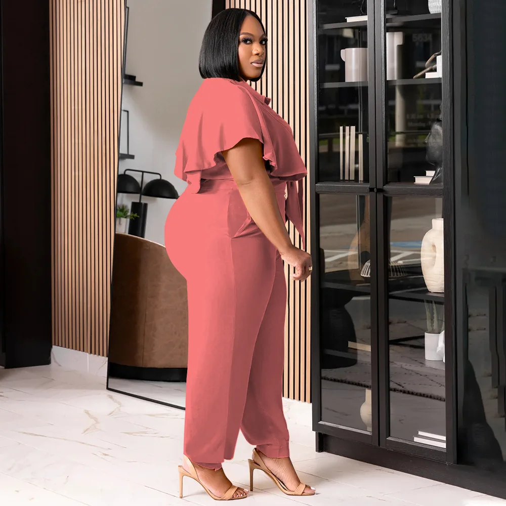 CM.YAYA Elegant Plus Size Loose Women's Set Tie Crop Ruffles Top +pencil Pants Suits Streetwear Tracksuit Two 2 Piece Set CM.YAYA Elegant Plus Size Loose Women's Set Tie Crop Ruffles Top +pencil Pants Suits Streetwear Tracksuit Two 2 Piece Set