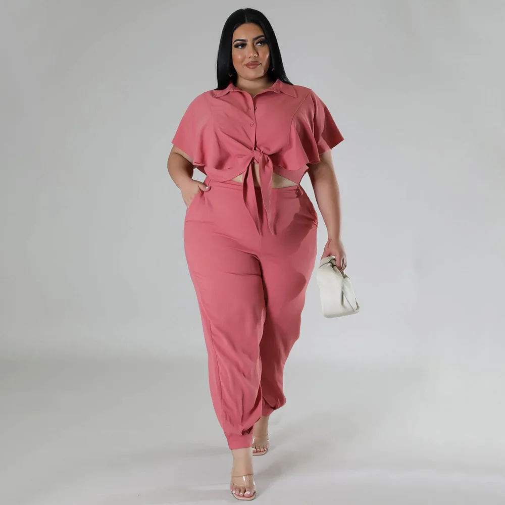 CM.YAYA Elegant Plus Size Loose Women's Set Tie Crop Ruffles Top +pencil Pants Suits Streetwear Tracksuit Two 2 Piece Set CM.YAYA Elegant Plus Size Loose Women's Set Tie Crop Ruffles Top +pencil Pants Suits Streetwear Tracksuit Two 2 Piece Set
