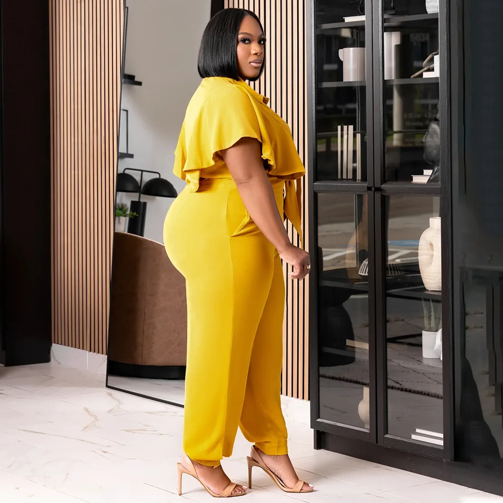 CM.YAYA Elegant Plus Size Loose Women's Set Tie Crop Ruffles Top +pencil Pants Suits Streetwear Tracksuit Two 2 Piece Set CM.YAYA Elegant Plus Size Loose Women's Set Tie Crop Ruffles Top +pencil Pants Suits Streetwear Tracksuit Two 2 Piece Set