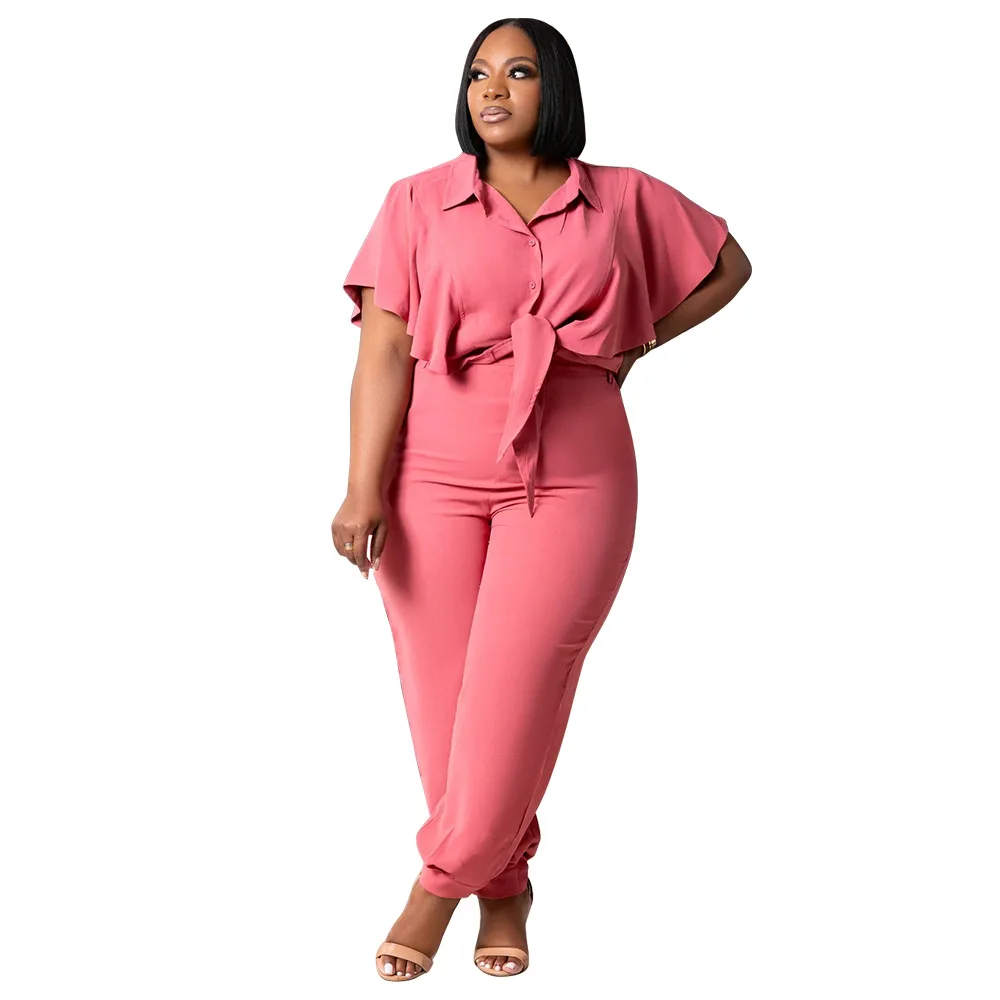 CM.YAYA Elegant Plus Size Loose Women's Set Tie Crop Ruffles Top +pencil Pants Suits Streetwear Tracksuit Two 2 Piece Set CM.YAYA Elegant Plus Size Loose Women's Set Tie Crop Ruffles Top +pencil Pants Suits Streetwear Tracksuit Two 2 Piece Set