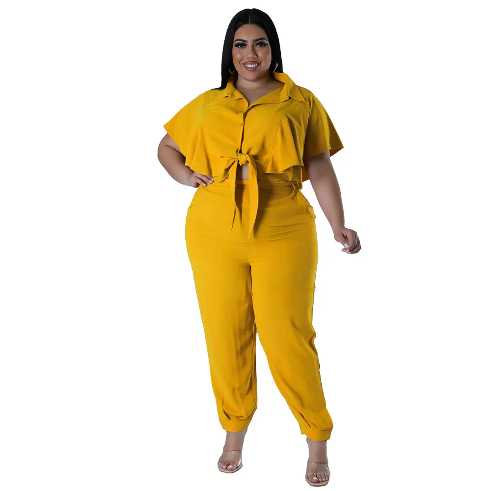 CM.YAYA Elegant Plus Size Loose Women's Set Tie Crop Ruffles Top +pencil Pants Suits Streetwear Tracksuit Two 2 Piece Set CM.YAYA Elegant Plus Size Loose Women's Set Tie Crop Ruffles Top +pencil Pants Suits Streetwear Tracksuit Two 2 Piece Set