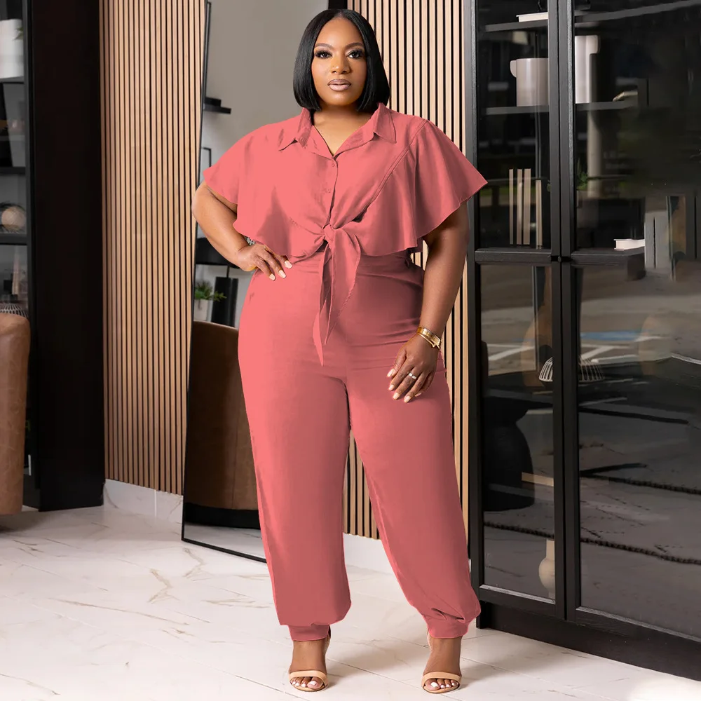 CM.YAYA Elegant Plus Size Loose Women's Set Tie Crop Ruffles Top +pencil Pants Suits Streetwear Tracksuit Two 2 Piece Set CM.YAYA Elegant Plus Size Loose Women's Set Tie Crop Ruffles Top +pencil Pants Suits Streetwear Tracksuit Two 2 Piece Set