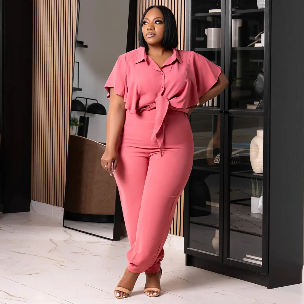 CM.YAYA Elegant Plus Size Loose Women's Set Tie Crop Ruffles Top +pencil Pants Suits Streetwear Tracksuit Two 2 Piece Set CM.YAYA Elegant Plus Size Loose Women's Set Tie Crop Ruffles Top +pencil Pants Suits Streetwear Tracksuit Two 2 Piece Set