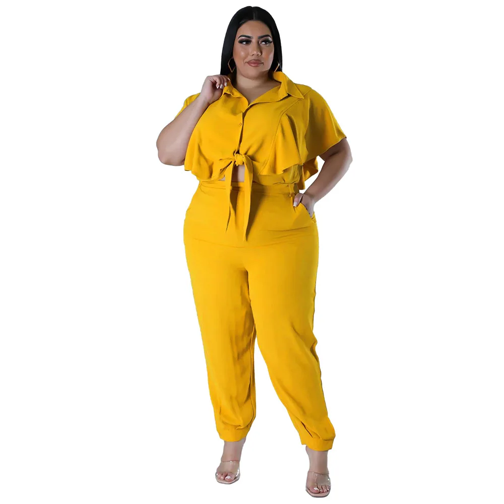CM.YAYA Elegant Plus Size Loose Women's Set Tie Crop Ruffles Top +pencil Pants Suits Streetwear Tracksuit Two 2 Piece Set CM.YAYA Elegant Plus Size Loose Women's Set Tie Crop Ruffles Top +pencil Pants Suits Streetwear Tracksuit Two 2 Piece Set