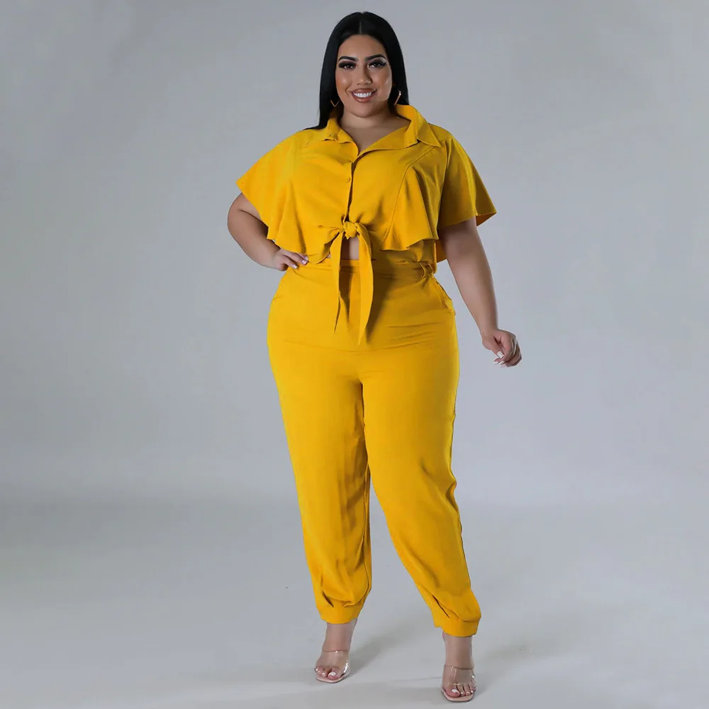 CM.YAYA Elegant Plus Size Loose Women's Set Tie Crop Ruffles Top +pencil Pants Suits Streetwear Tracksuit Two 2 Piece Set CM.YAYA Elegant Plus Size Loose Women's Set Tie Crop Ruffles Top +pencil Pants Suits Streetwear Tracksuit Two 2 Piece Set