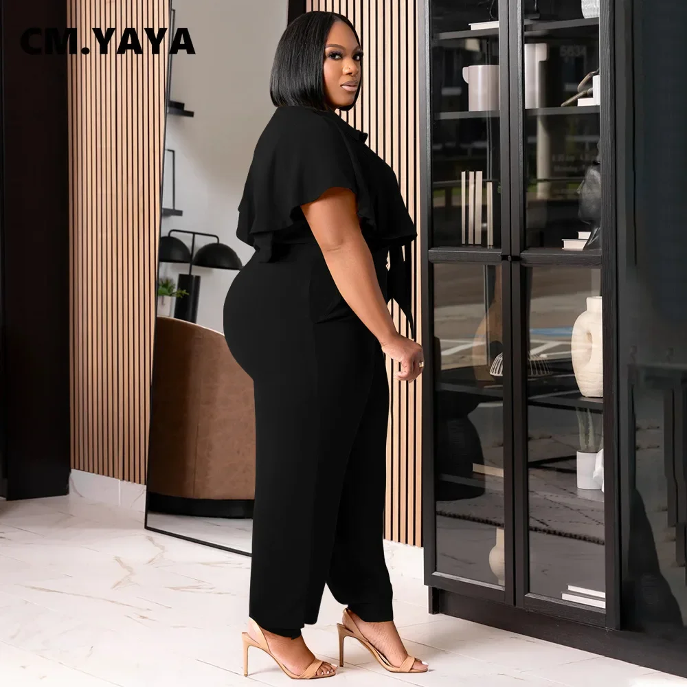 CM.YAYA Elegant Plus Size Loose Women's Set Tie Crop Ruffles Top +pencil Pants Suits Streetwear Tracksuit Two 2 Piece Set
