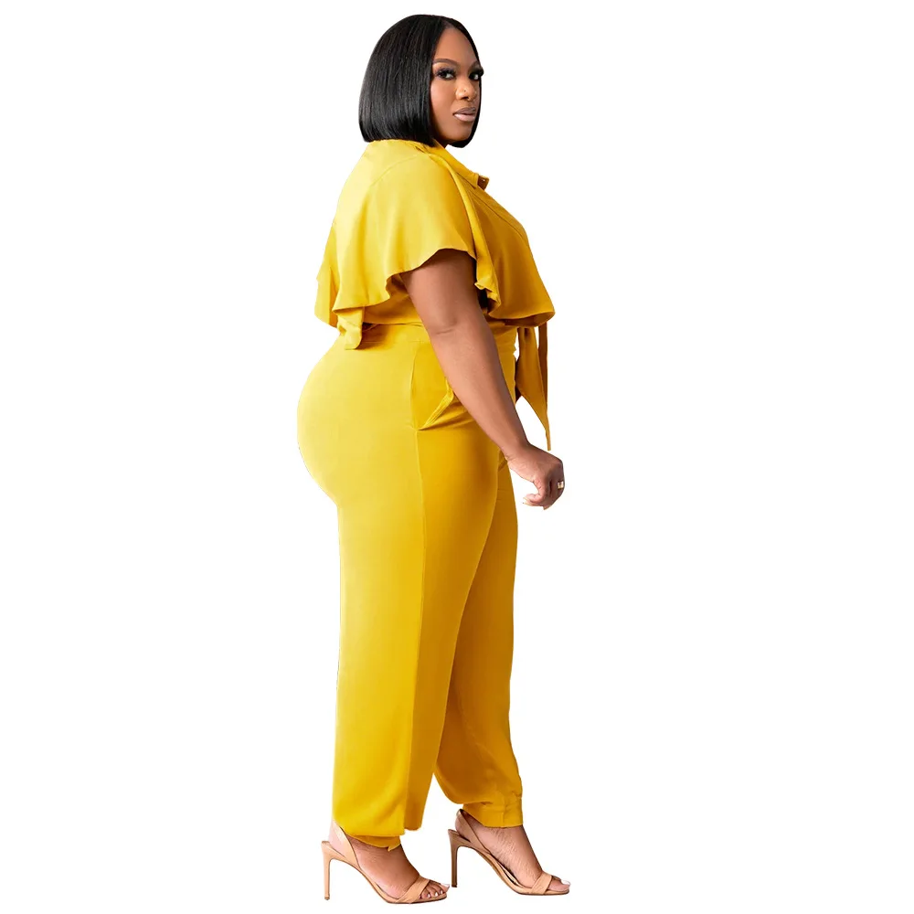 CM.YAYA Elegant Plus Size Loose Women's Set Tie Crop Ruffles Top +pencil Pants Suits Streetwear Tracksuit Two 2 Piece Set CM.YAYA Elegant Plus Size Loose Women's Set Tie Crop Ruffles Top +pencil Pants Suits Streetwear Tracksuit Two 2 Piece Set
