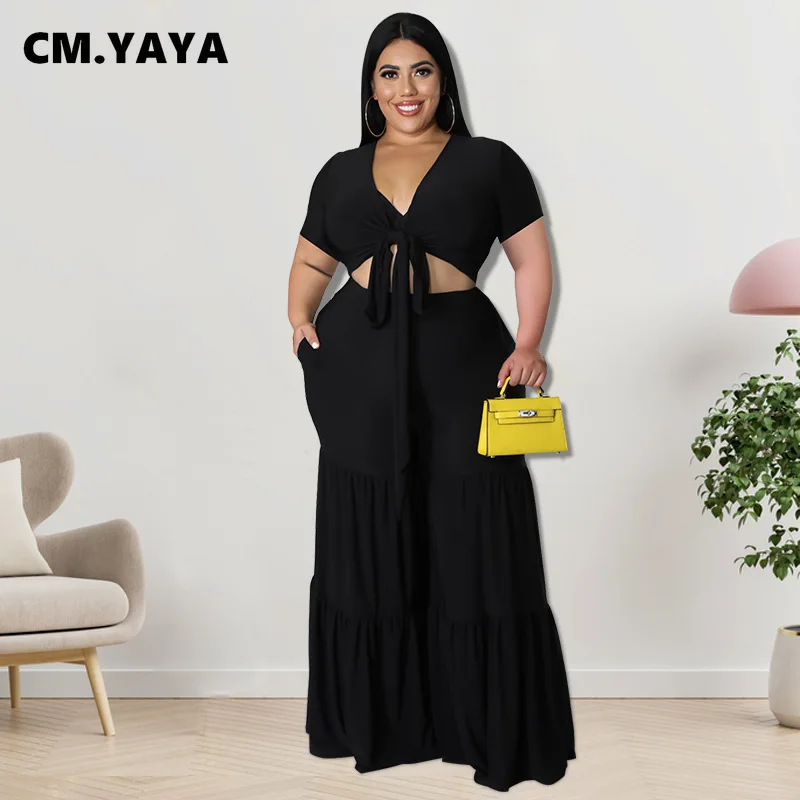 CM.YAYA Elegant Plus Size Loose Lantern Flare Trousers Suit Women’s Set Tie Crop Top Straight Pants Tracksuit Two 2 Piece Set CM.YAYA Elegant Plus Size Loose Lantern Flare Trousers Suit Women's Set Tie Crop Top Straight Pants Tracksuit Two 2 Piece Set