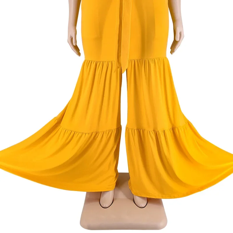 CM.YAYA Elegant Plus Size Loose Lantern Flare Trousers Suit Women's Set Tie Crop Top Straight Pants Tracksuit Two 2 Piece Set